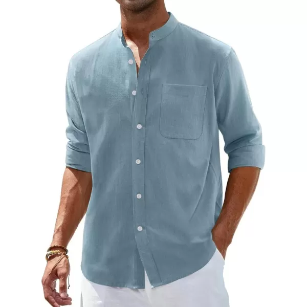 Alimens &amp; Gentle Men's Cotton Linen Shirts Long Sleeve Button Down Shirt Band Collar Beach Shirts