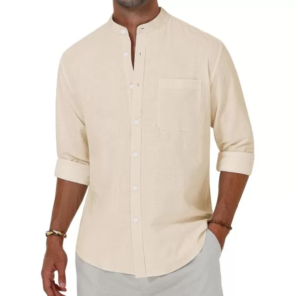 Alimens &amp; Gentle Men's Cotton Linen Shirts Long Sleeve Button Down Shirt Band Collar Beach Shirts