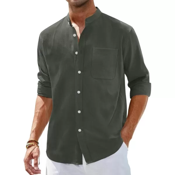 Alimens &amp; Gentle Men's Cotton Linen Shirts Long Sleeve Button Down Shirt Band Collar Beach Shirts