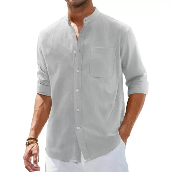 Alimens &amp; Gentle Men's Cotton Linen Shirts Long Sleeve Button Down Shirt Band Collar Beach Shirts
