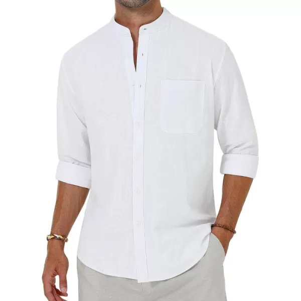 Alimens &amp; Gentle Men's Cotton Linen Shirts Long Sleeve Button Down Shirt Band Collar Beach Shirts