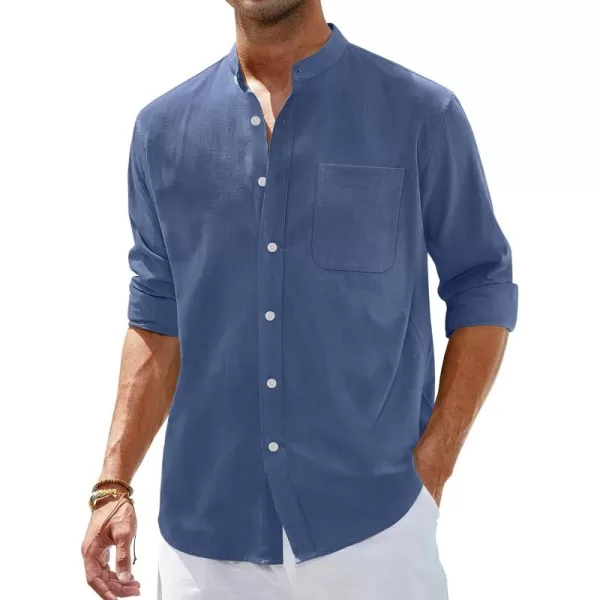 Alimens &amp; Gentle Men's Cotton Linen Shirts Long Sleeve Button Down Shirt Band Collar Beach Shirts