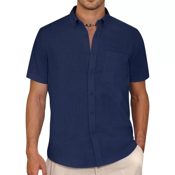 Alimens &amp; Gentle Mens Linen Shirt Short Sleeve Casual Cotton Button Down Shirts Collared Summer Beach Shirts