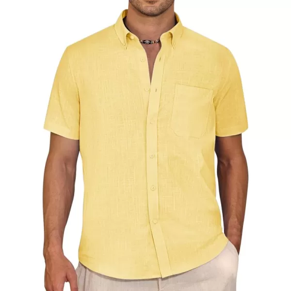 Alimens &amp; Gentle Mens Linen Shirt Short Sleeve Casual Cotton Button Down Shirts Collared Summer Beach Shirts