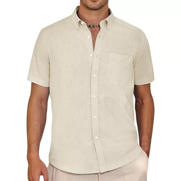 Alimens &amp; Gentle Mens Linen Shirt Short Sleeve Casual Cotton Button Down Shirts Collared Summer Beach Shirts