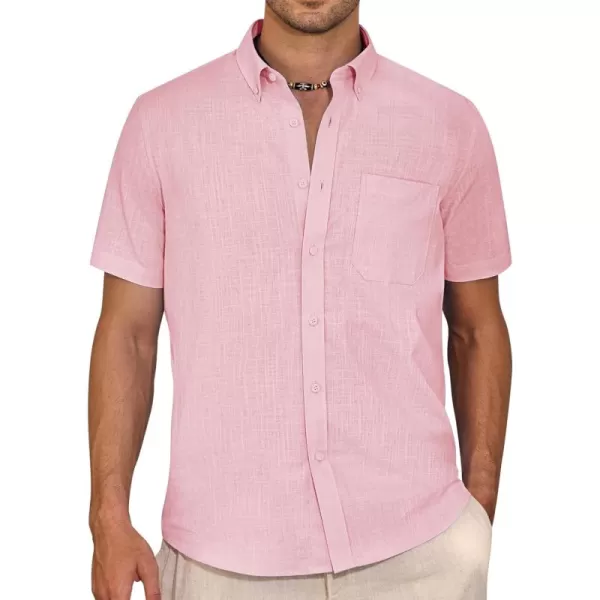 Alimens &amp; Gentle Mens Linen Shirt Short Sleeve Casual Cotton Button Down Shirts Collared Summer Beach Shirts