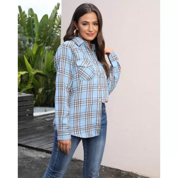 Alimens &amp; Gentle Womens Plaid Flannel Shirts Long Sleeve Roll Up Casual Button Down Shirt