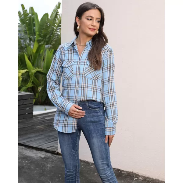 Alimens &amp; Gentle Womens Plaid Flannel Shirts Long Sleeve Roll Up Casual Button Down Shirt