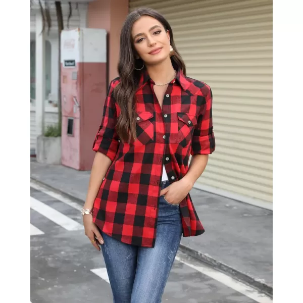 Alimens &amp; Gentle Womens Plaid Flannel Shirts Long Sleeve Roll Up Casual Button Down Shirt