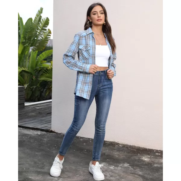 Alimens &amp; Gentle Womens Plaid Flannel Shirts Long Sleeve Roll Up Casual Button Down Shirt
