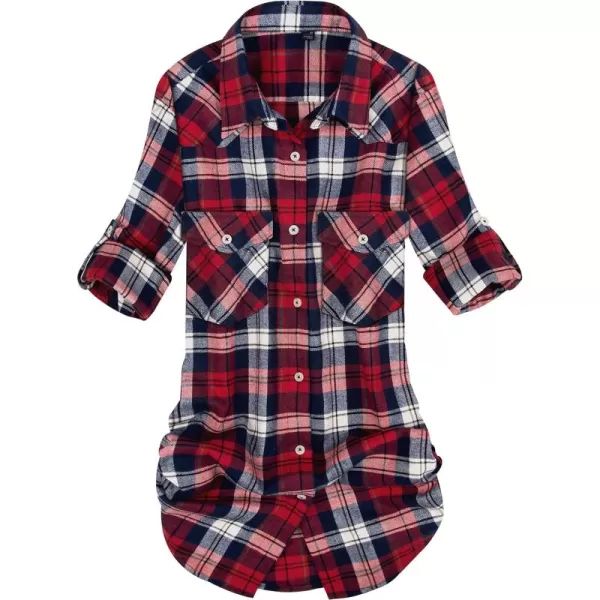 Alimens &amp; Gentle Womens Plaid Flannel Shirts Long Sleeve Roll Up Casual Button Down Shirt