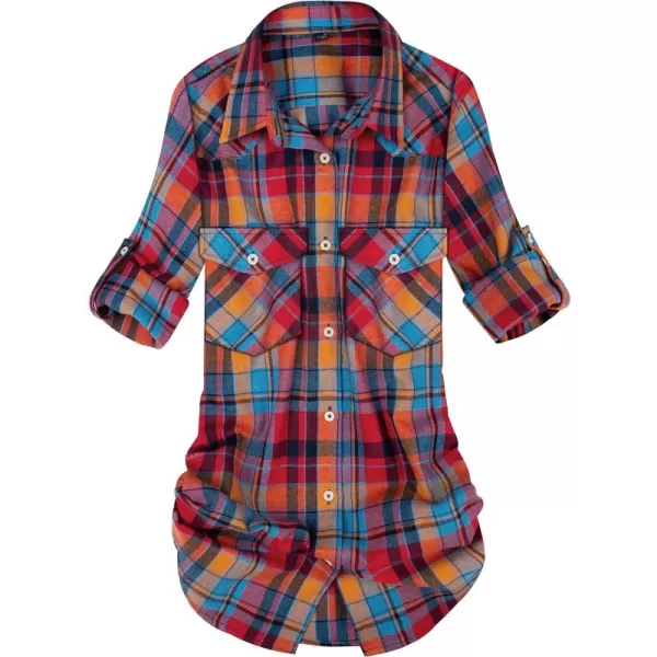 Alimens &amp; Gentle Womens Plaid Flannel Shirts Long Sleeve Roll Up Casual Button Down Shirt