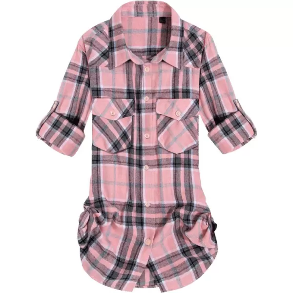 Alimens &amp; Gentle Womens Plaid Flannel Shirts Long Sleeve Roll Up Casual Button Down Shirt