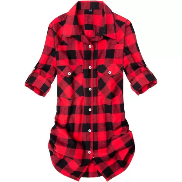 Alimens &amp; Gentle Womens Plaid Flannel Shirts Long Sleeve Roll Up Casual Button Down Shirt