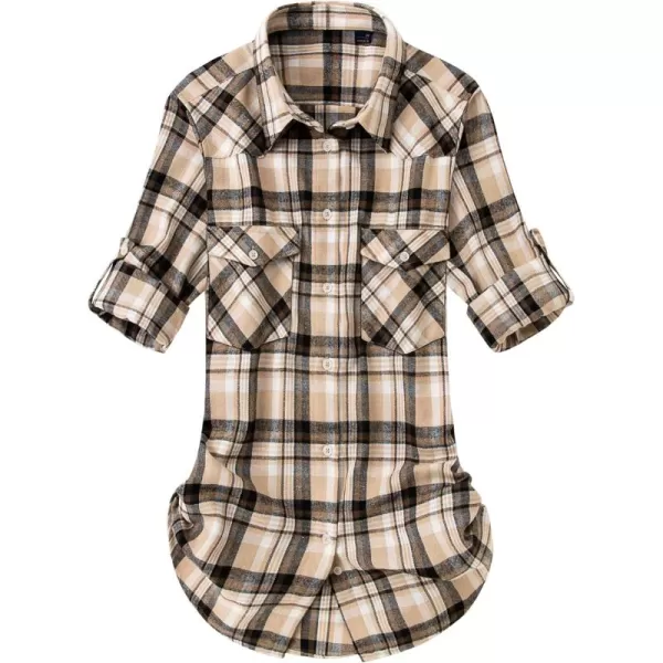 Alimens &amp; Gentle Womens Plaid Flannel Shirts Long Sleeve Roll Up Casual Button Down Shirt