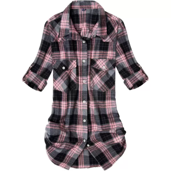 Alimens &amp; Gentle Womens Plaid Flannel Shirts Long Sleeve Roll Up Casual Button Down Shirt