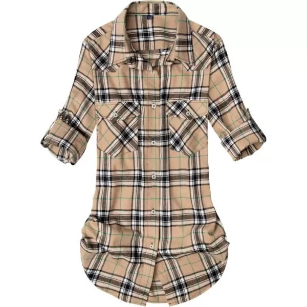Alimens &amp; Gentle Womens Plaid Flannel Shirts Long Sleeve Roll Up Casual Button Down Shirt
