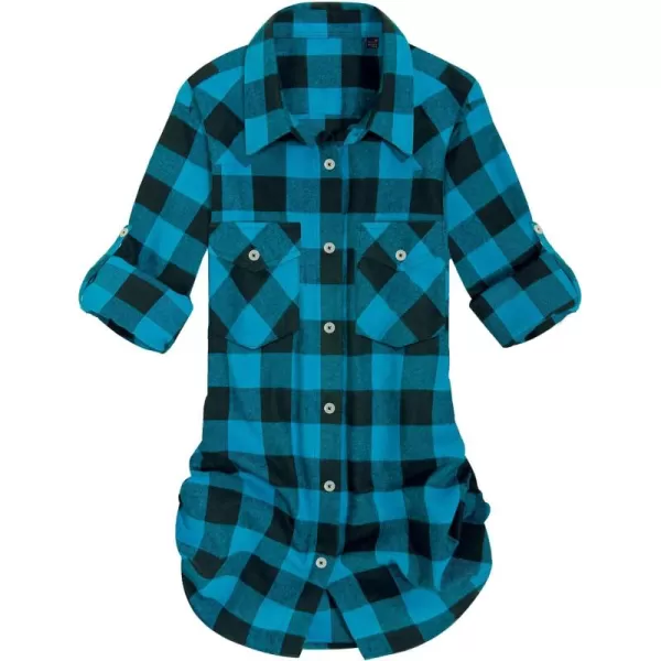 Alimens &amp; Gentle Womens Plaid Flannel Shirts Long Sleeve Roll Up Casual Button Down Shirt