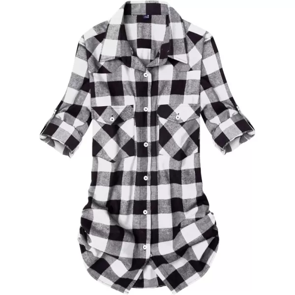 Alimens &amp; Gentle Womens Plaid Flannel Shirts Long Sleeve Roll Up Casual Button Down Shirt
