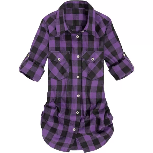 Alimens &amp; Gentle Womens Plaid Flannel Shirts Long Sleeve Roll Up Casual Button Down Shirt