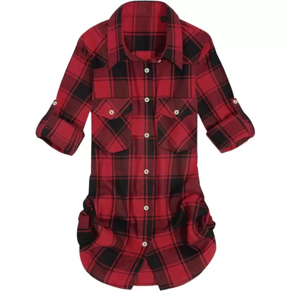 Alimens &amp; Gentle Womens Plaid Flannel Shirts Long Sleeve Roll Up Casual Button Down Shirt