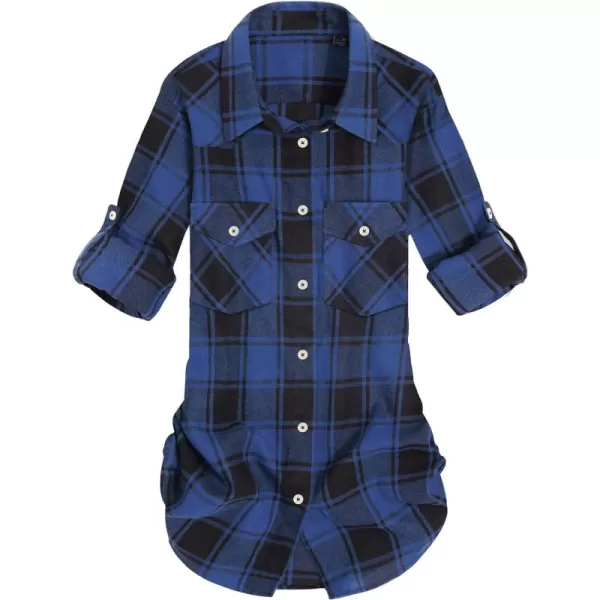 Alimens &amp; Gentle Womens Plaid Flannel Shirts Long Sleeve Roll Up Casual Button Down Shirt
