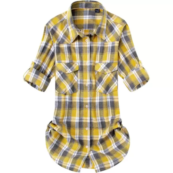 Alimens &amp; Gentle Womens Plaid Flannel Shirts Long Sleeve Roll Up Casual Button Down Shirt