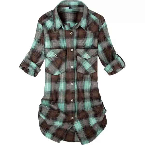 Alimens &amp; Gentle Womens Plaid Flannel Shirts Long Sleeve Roll Up Casual Button Down Shirt