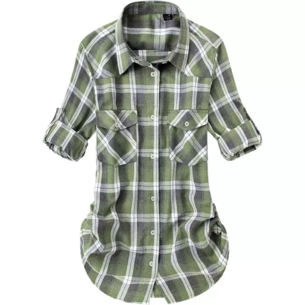 Alimens &amp; Gentle Womens Plaid Flannel Shirts Long Sleeve Roll Up Casual Button Down Shirt