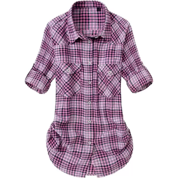 Alimens &amp; Gentle Womens Plaid Flannel Shirts Long Sleeve Roll Up Casual Button Down Shirt