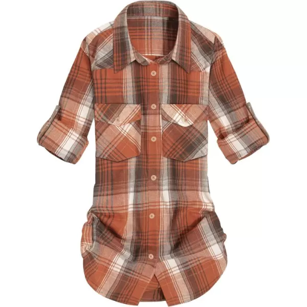 Alimens &amp; Gentle Womens Plaid Flannel Shirts Long Sleeve Roll Up Casual Button Down Shirt