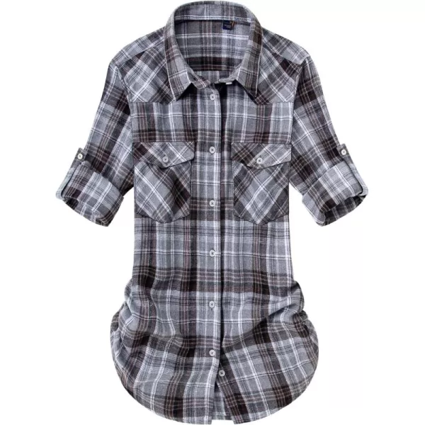 Alimens &amp; Gentle Womens Plaid Flannel Shirts Long Sleeve Roll Up Casual Button Down Shirt