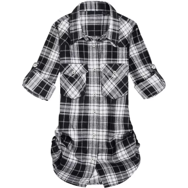 Alimens &amp; Gentle Womens Plaid Flannel Shirts Long Sleeve Roll Up Casual Button Down Shirt