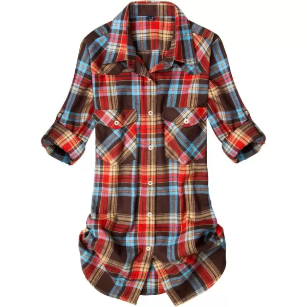 Alimens &amp; Gentle Womens Plaid Flannel Shirts Long Sleeve Roll Up Casual Button Down Shirt