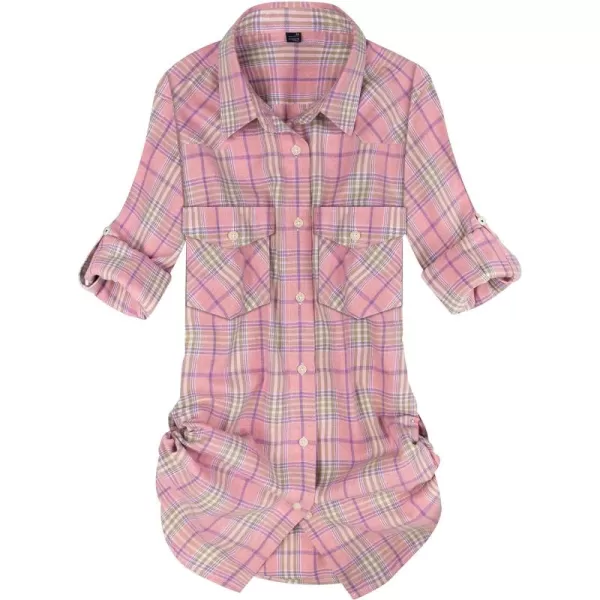Alimens &amp; Gentle Womens Plaid Flannel Shirts Long Sleeve Roll Up Casual Button Down Shirt