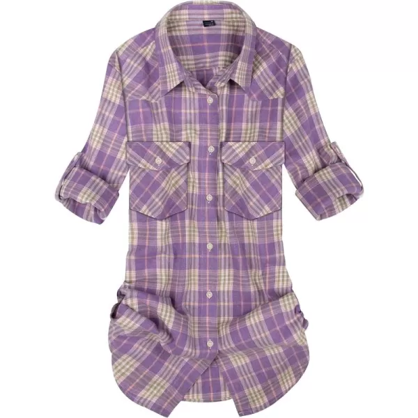 Alimens &amp; Gentle Womens Plaid Flannel Shirts Long Sleeve Roll Up Casual Button Down Shirt