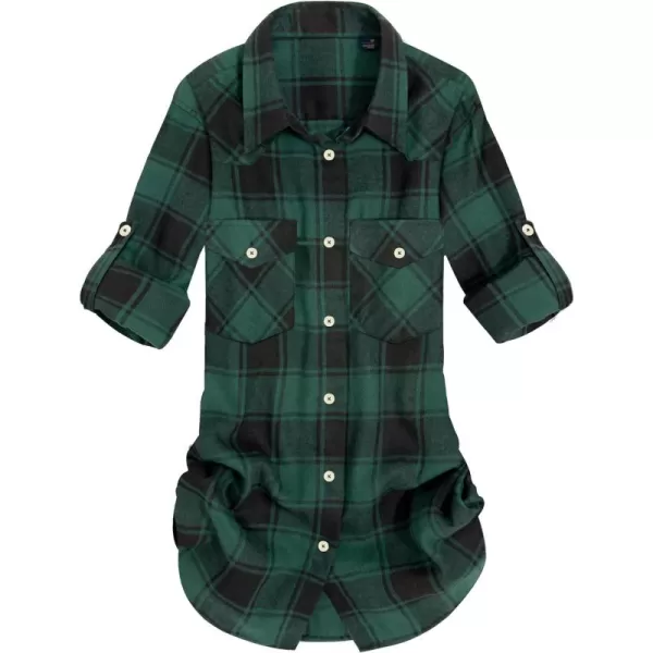 Alimens &amp; Gentle Womens Plaid Flannel Shirts Long Sleeve Roll Up Casual Button Down Shirt