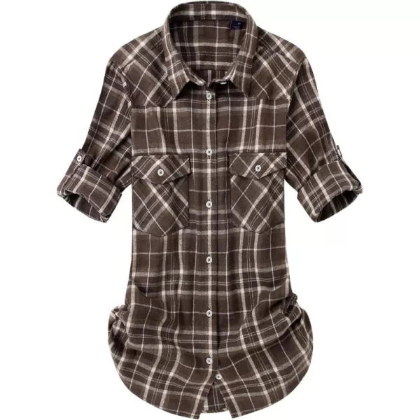 Alimens &amp; Gentle Womens Plaid Flannel Shirts Long Sleeve Roll Up Casual Button Down Shirt