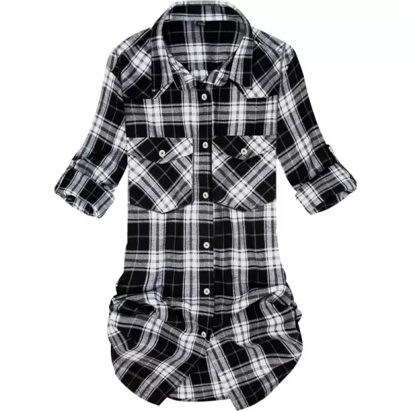 Alimens &amp; Gentle Womens Plaid Flannel Shirts Long Sleeve Roll Up Casual Button Down Shirt