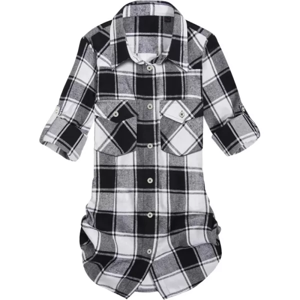 Alimens &amp; Gentle Womens Plaid Flannel Shirts Long Sleeve Roll Up Casual Button Down Shirt
