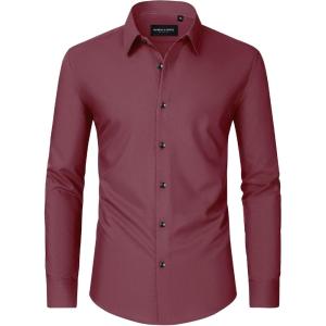 imageAlimens ampamp Gentle Mens Dress Shirts Long Sleeve WrinkleFree Formal Shirts Wedding Dating Business Casual Button Down ShirtDark Red