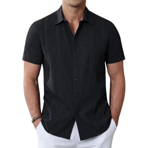 imageAlimens ampamp Gentle Mens Cuban Guayabera Shirts Cotton Linen Short Sleeve Button Down Shirts Casual Summer Beach Camp ShirtBlack