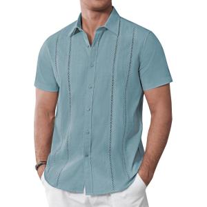 imageAlimens ampamp Gentle Mens Cuban Guayabera Shirts Cotton Linen Short Sleeve Button Down Shirts Casual Summer Beach Camp ShirtBlue Heaven