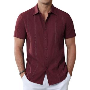 imageAlimens ampamp Gentle Mens Cuban Guayabera Shirts Cotton Linen Short Sleeve Button Down Shirts Casual Summer Beach Camp ShirtBurgundy
