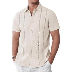 imageAlimens ampamp Gentle Mens Cuban Guayabera Shirts Cotton Linen Short Sleeve Button Down Shirts Casual Summer Beach Camp ShirtCreamy White