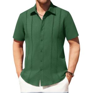 imageAlimens ampamp Gentle Mens Cuban Guayabera Shirts Cotton Linen Short Sleeve Button Down Shirts Casual Summer Beach Camp ShirtDark Green