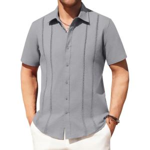 imageAlimens ampamp Gentle Mens Cuban Guayabera Shirts Cotton Linen Short Sleeve Button Down Shirts Casual Summer Beach Camp ShirtDark Grey