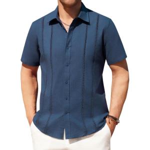 imageAlimens ampamp Gentle Mens Cuban Guayabera Shirts Cotton Linen Short Sleeve Button Down Shirts Casual Summer Beach Camp ShirtFog Blue