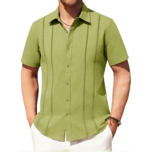 imageAlimens ampamp Gentle Mens Cuban Guayabera Shirts Cotton Linen Short Sleeve Button Down Shirts Casual Summer Beach Camp ShirtGrass Green