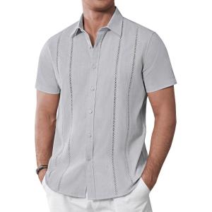 imageAlimens ampamp Gentle Mens Cuban Guayabera Shirts Cotton Linen Short Sleeve Button Down Shirts Casual Summer Beach Camp ShirtGrey